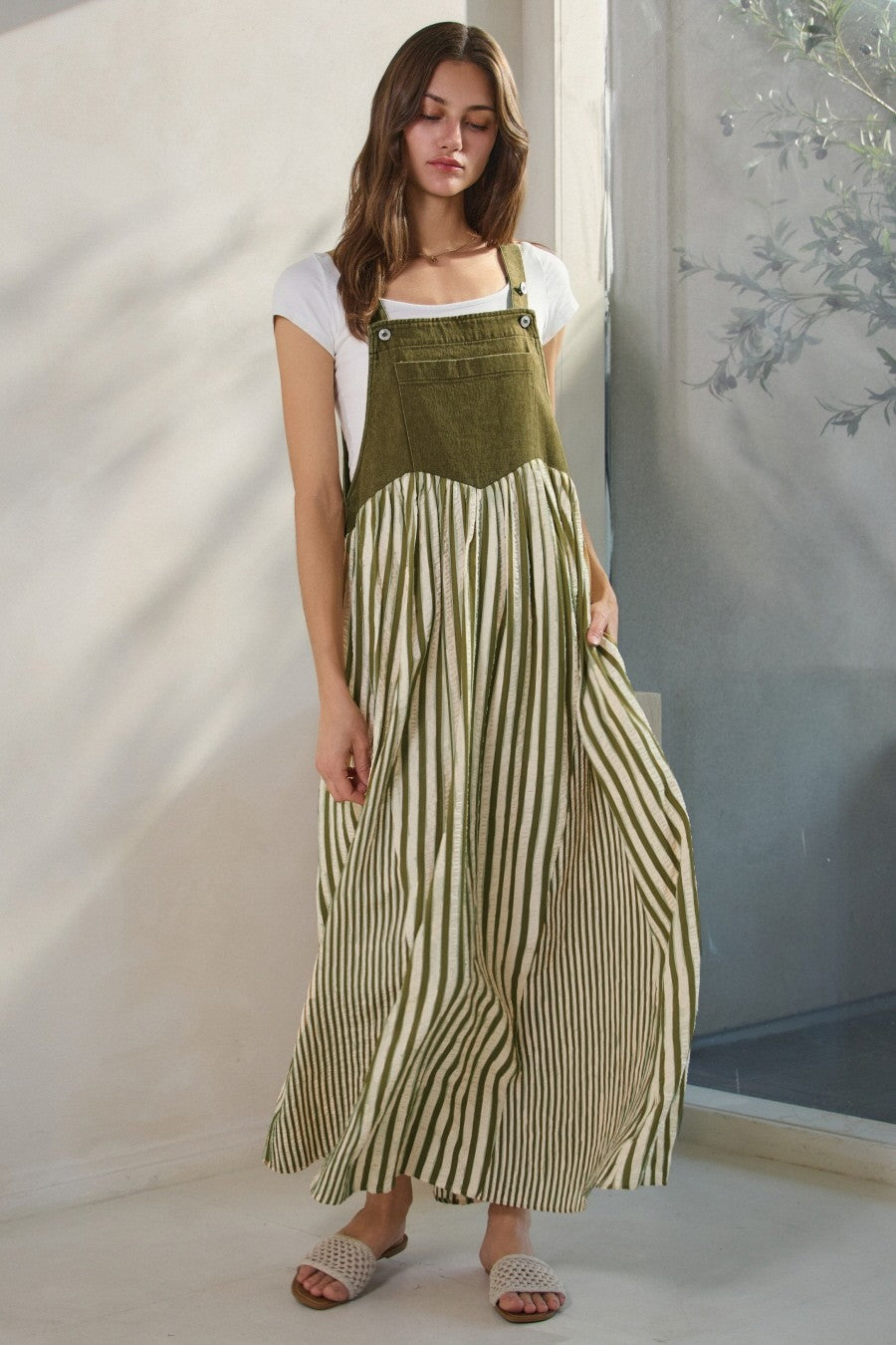 Olive Striped Colorblock Denim Contrast Maxi Dress