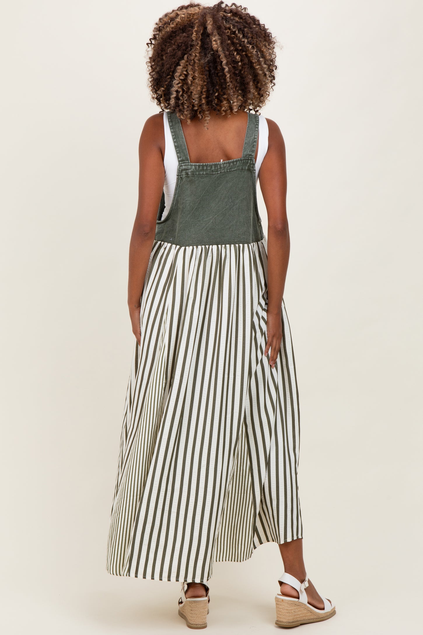 Olive Striped Colorblock Denim Contrast Maternity Maxi Dress