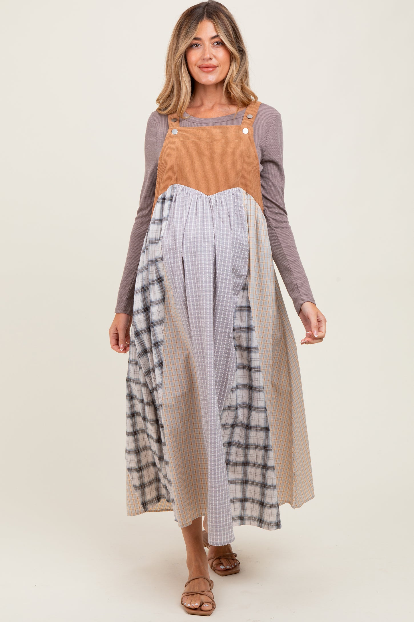 Mocha Multicolor Colorblock Plaid Denim Overall Maternity Dress