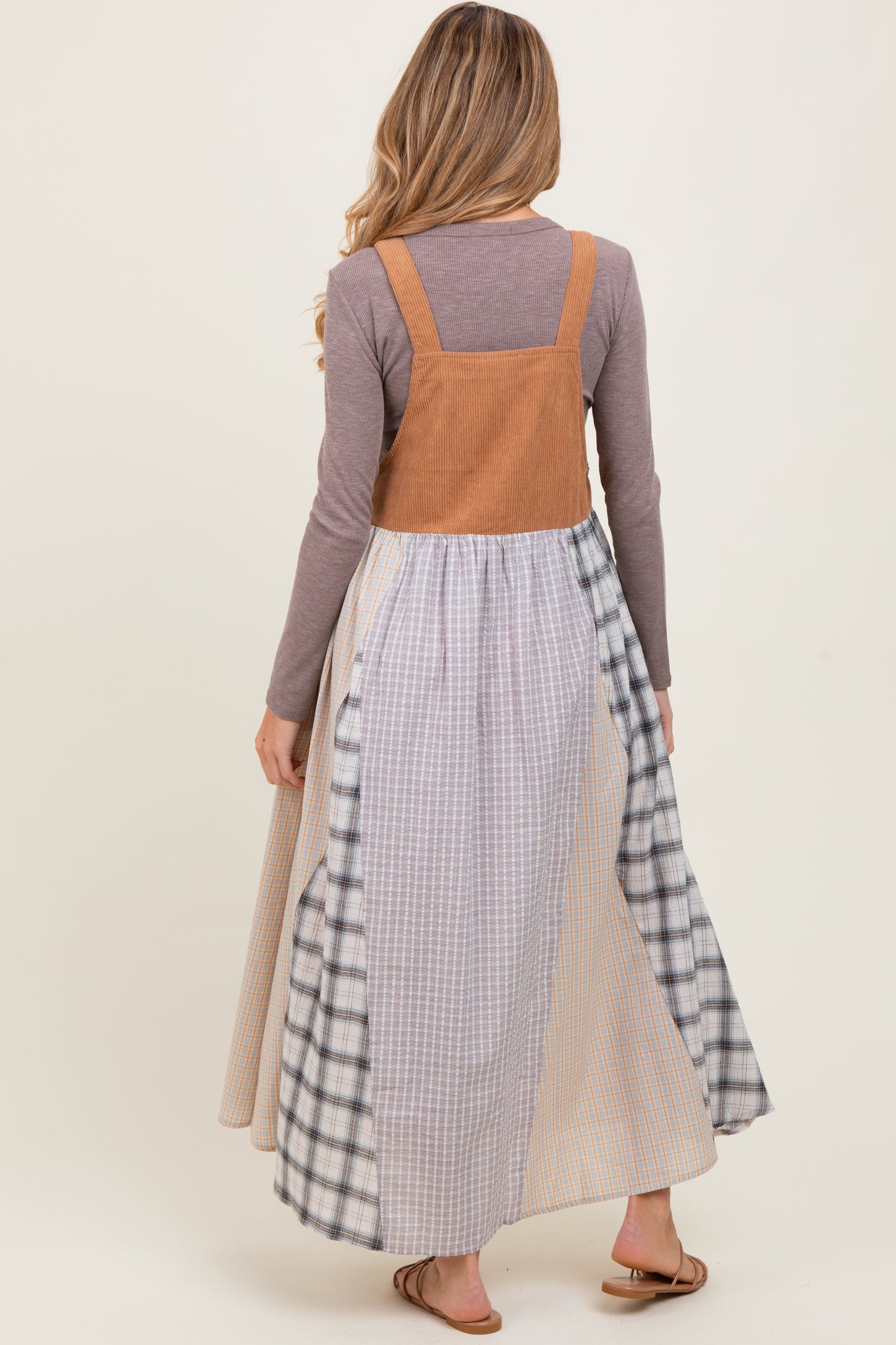 Mocha Multicolor Colorblock Plaid Denim Overall Maternity Dress