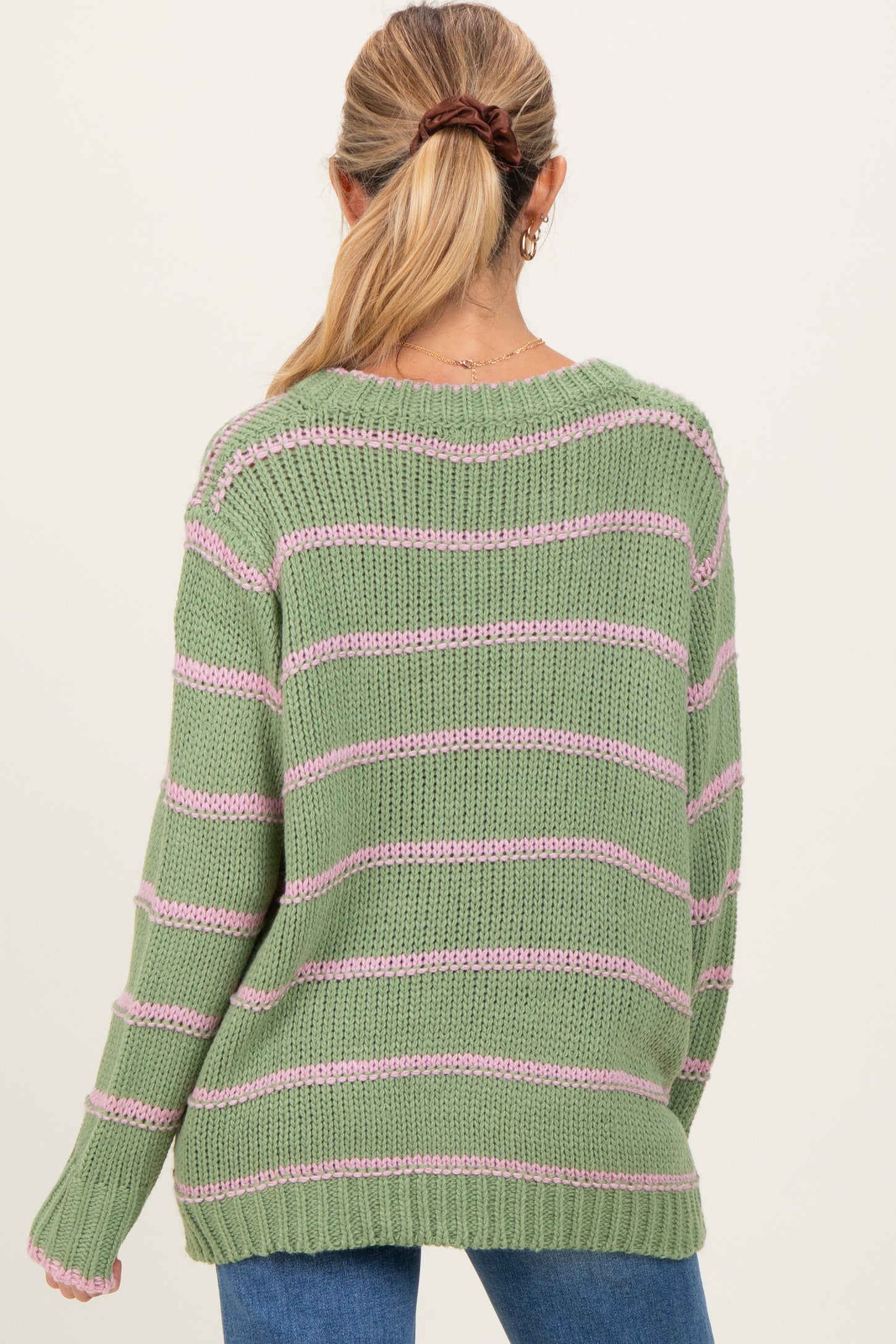 Light Olive Pink Striped Boxy Maternity Sweater