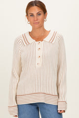 Cream Chunky Rib Striped Detail Polo Sweater