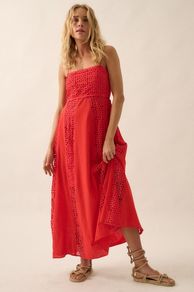Coral Red Crochet Lace Paneled Maternity Maxi Dress