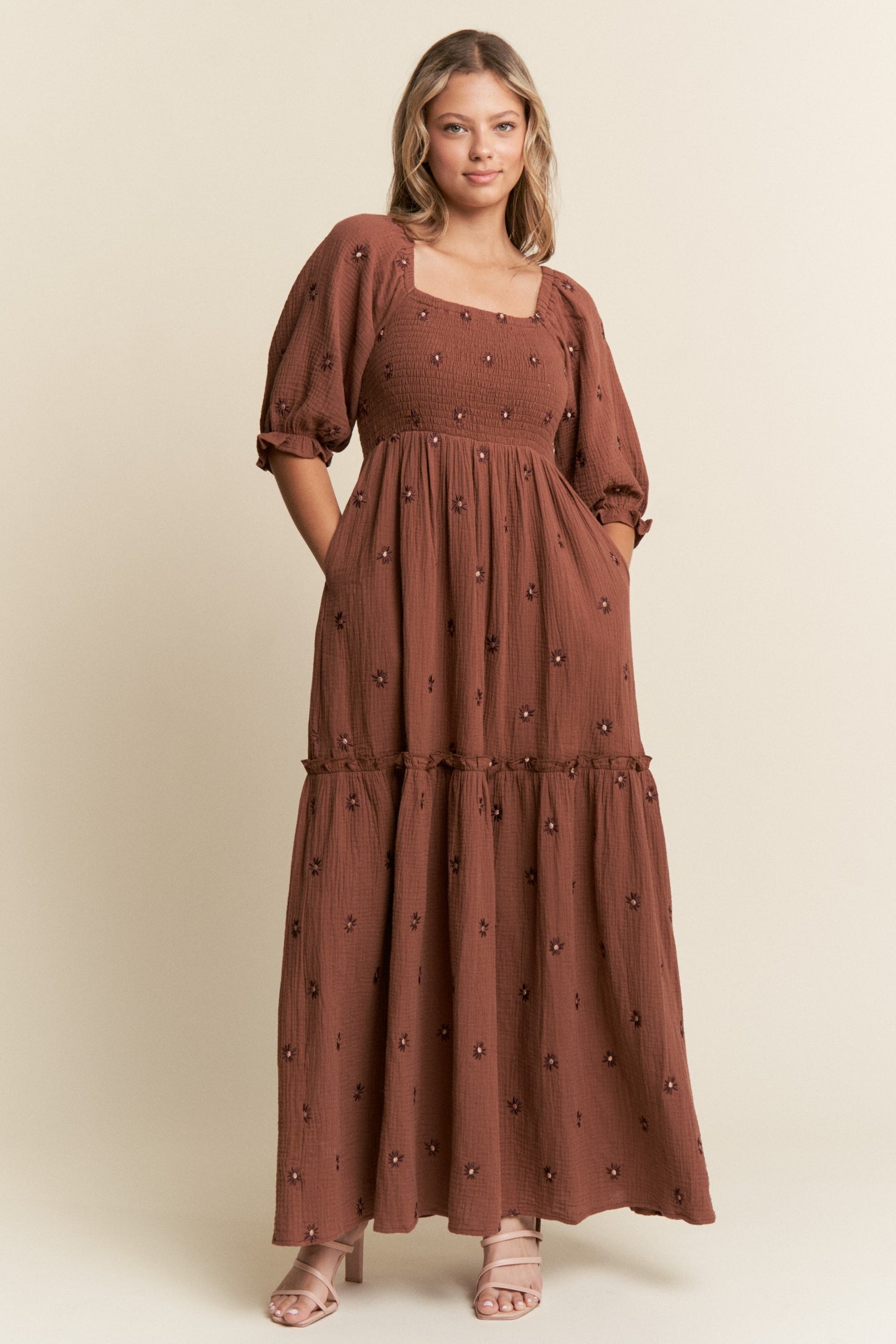 Brown Floral Smocked Puff Sleeve Maxi Dress