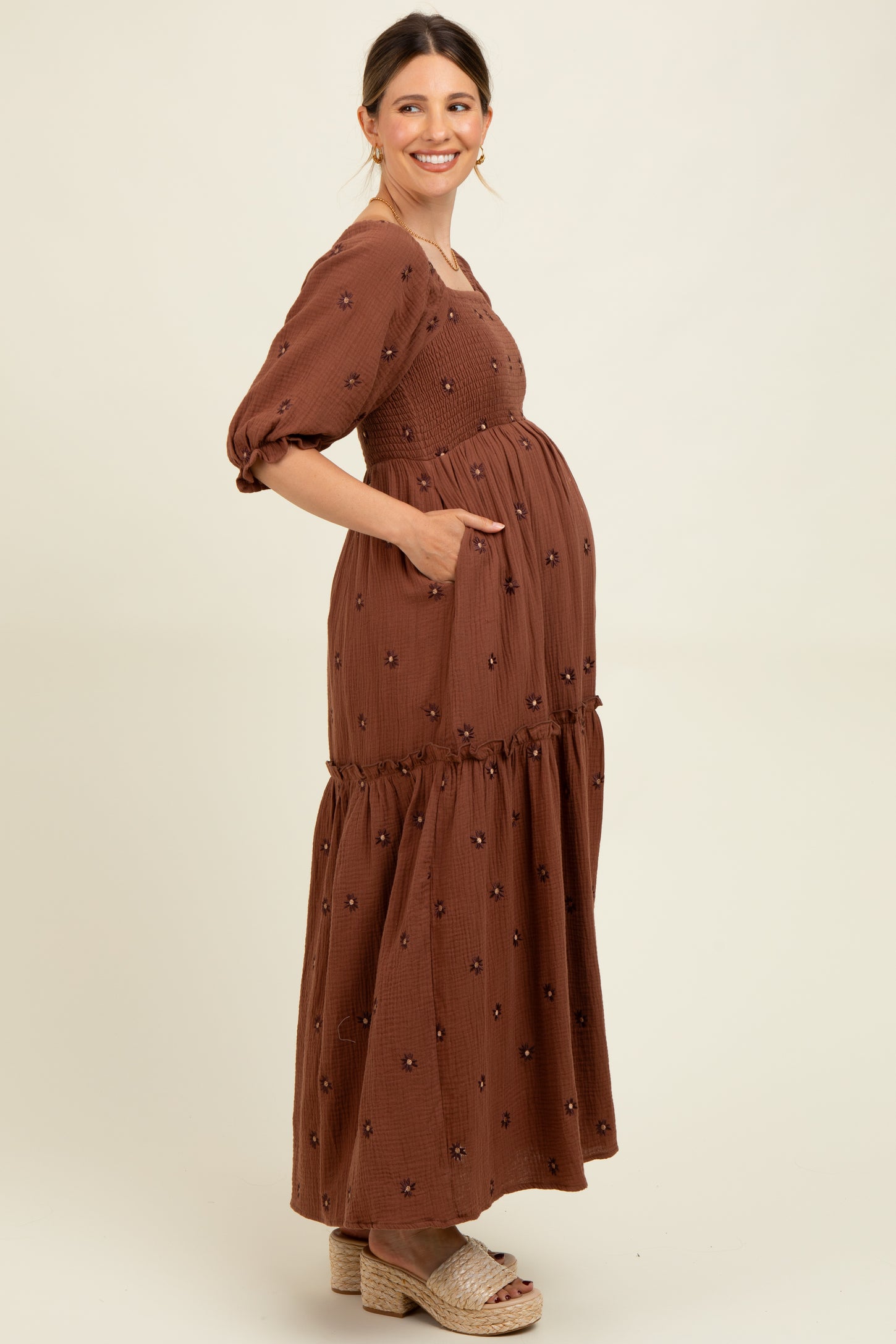 Brown Floral Smocked Puff Sleeve Maternity Maxi Dress