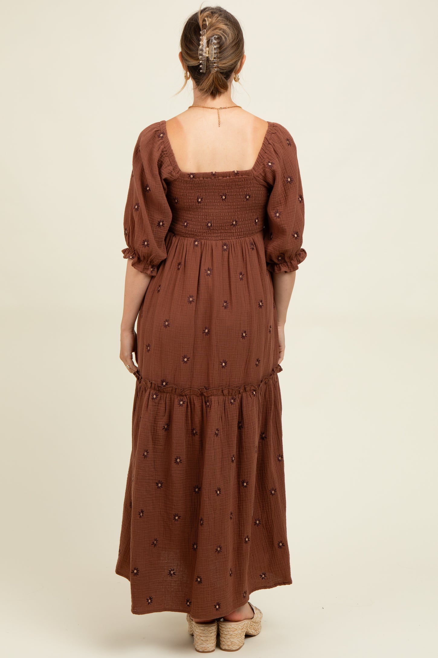 Brown Floral Smocked Puff Sleeve Maternity Maxi Dress