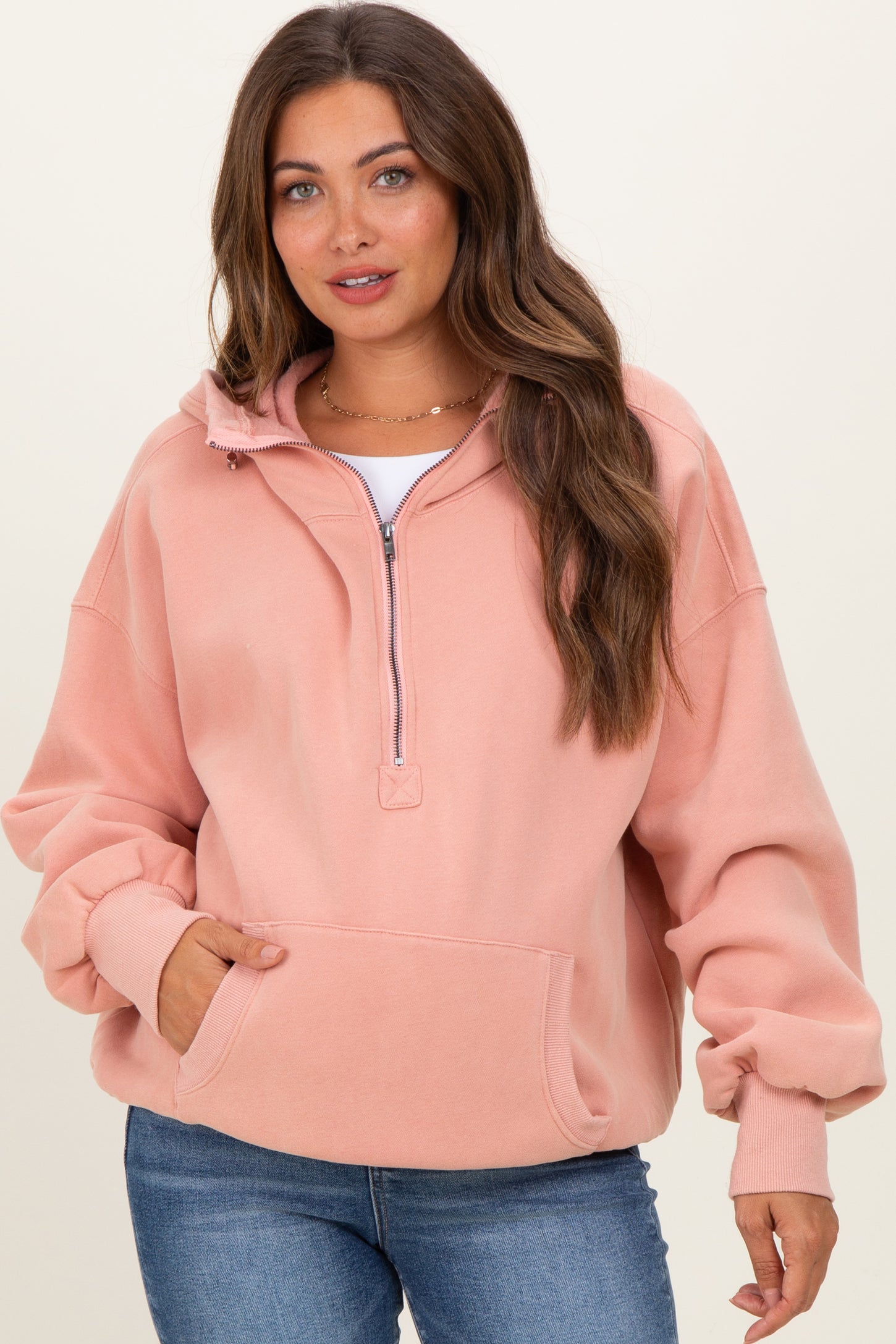 Peach Fleece Half Zip Drop Shoulder Maternity Hoodie