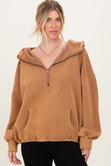 Mocha Fleece Half Zip Drop Shoulder Hoodie