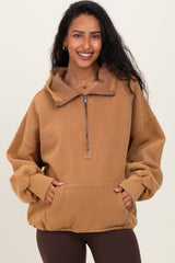 Mocha Fleece Half Zip Drop Shoulder Maternity Hoodie
