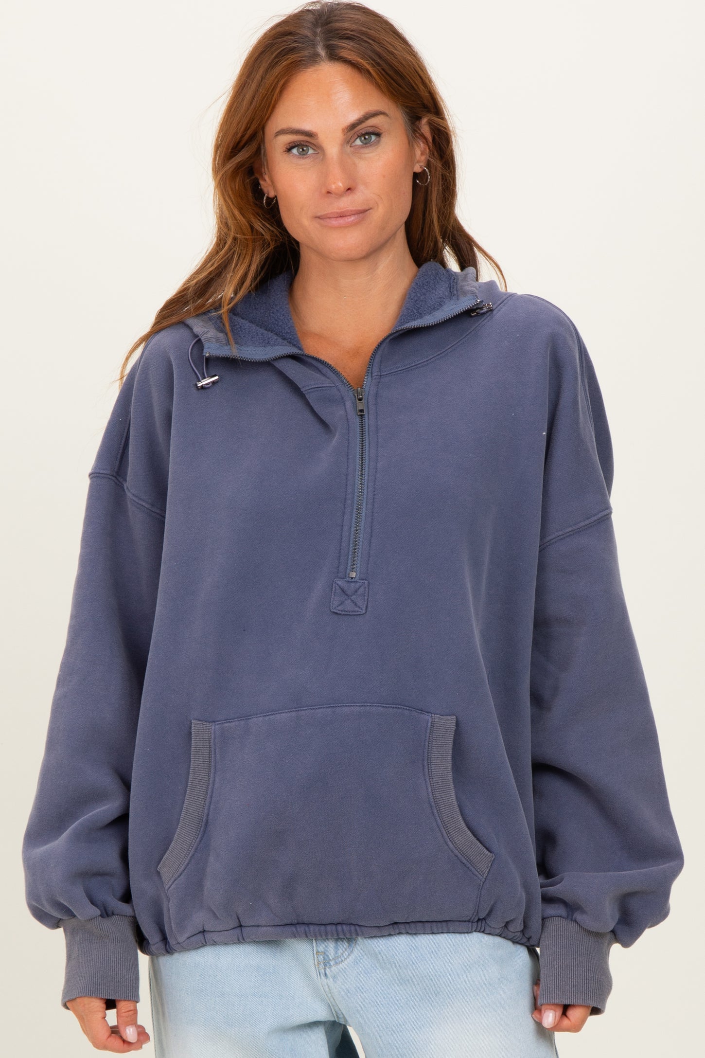 Navy Fleece Half Zip Drop Shoulder Hoodie