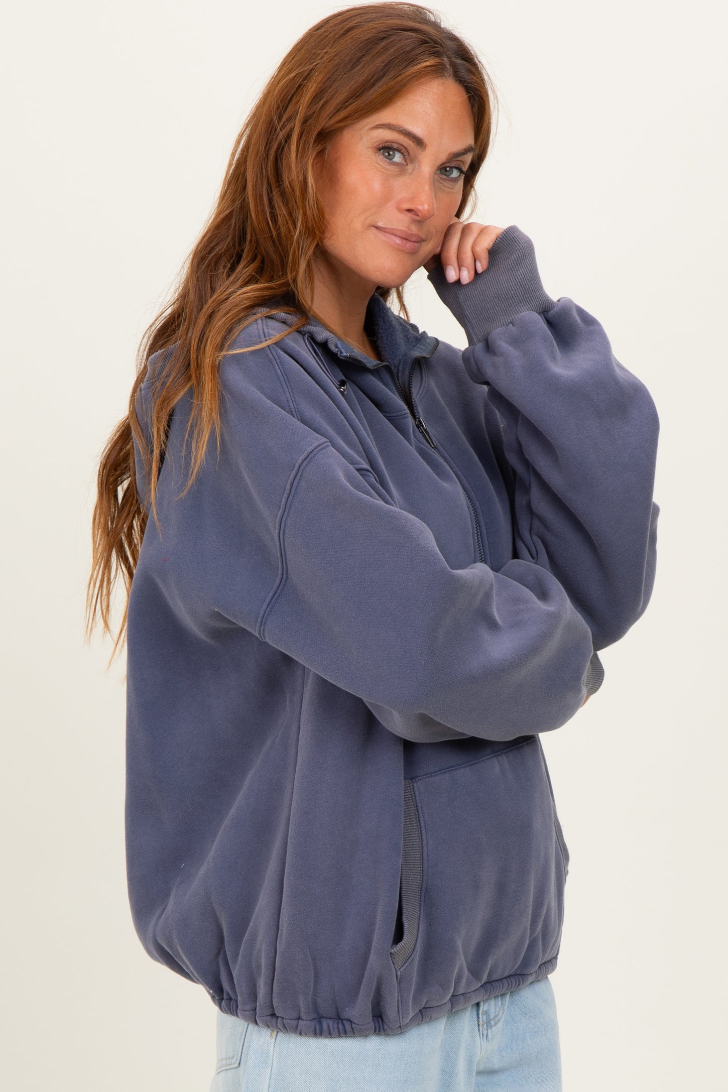Navy Fleece Half Zip Drop Shoulder Hoodie