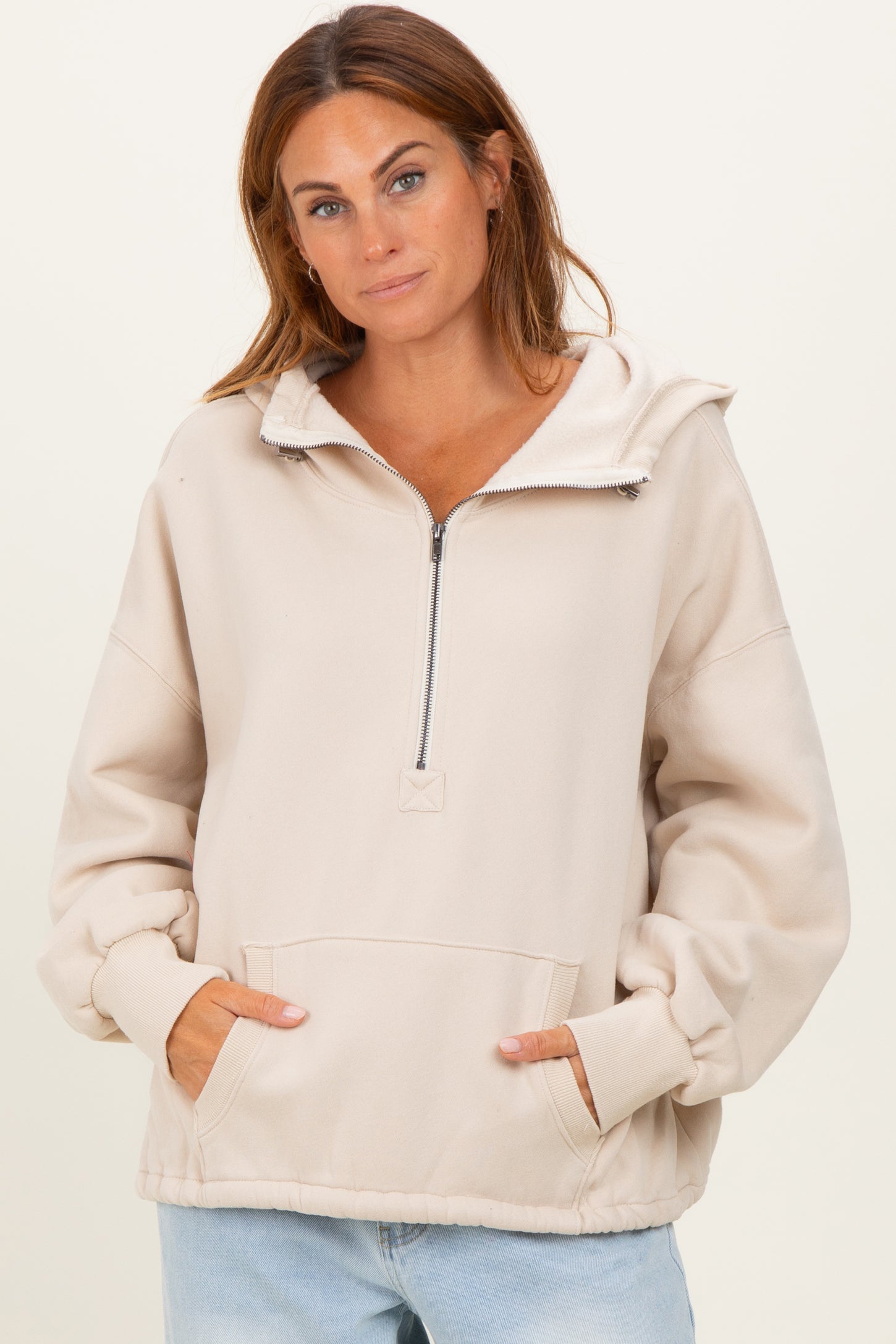 Cream Fleece Half Zip Drop Shoulder Maternity Hoodie