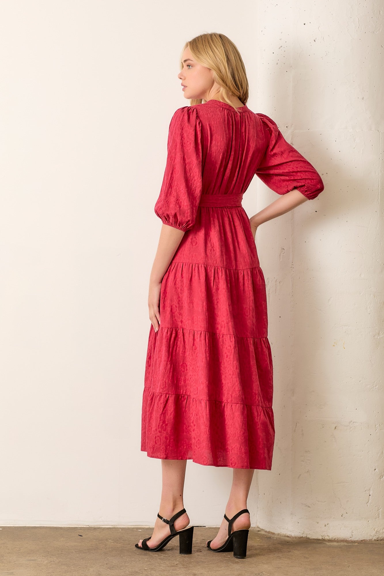 Burgundy Floral Jacquard Button Front Tiered Dress