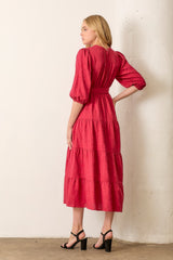 Burgundy Floral Jacquard Button Front Tiered Dress