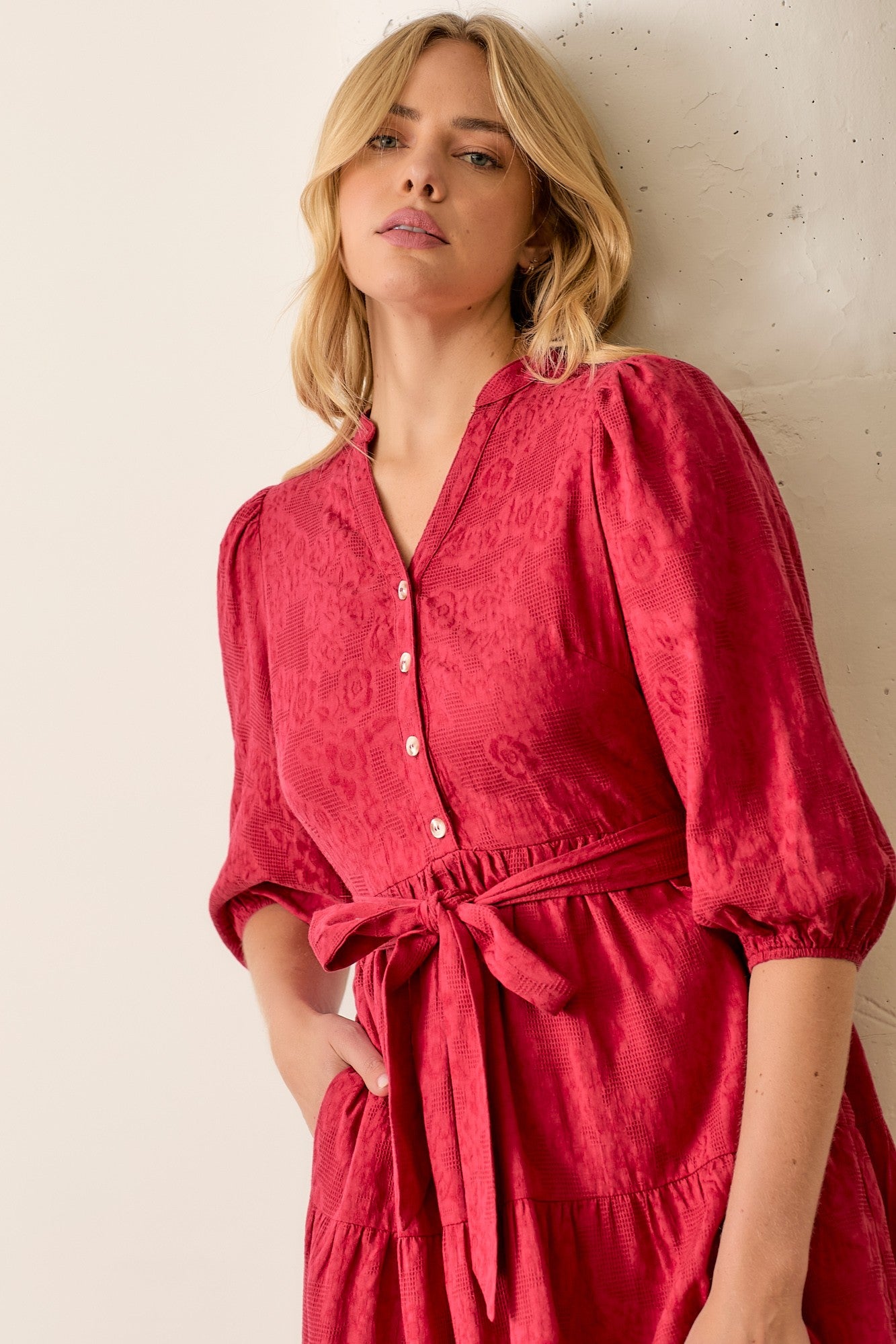 Burgundy Floral Jacquard Button Front Tiered Dress