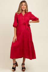 Burgundy Floral Jacquard Button Front Tiered Maternity Dress