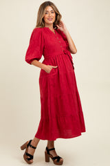 Burgundy Floral Jacquard Button Front Tiered Maternity Dress