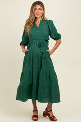 Forest Green Floral Jacquard Button Front Tiered Maternity Dress