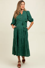 Forest Green Floral Jacquard Button Front Tiered Maternity Dress