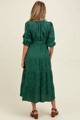 Forest Green Floral Jacquard Button Front Tiered Maternity Dress