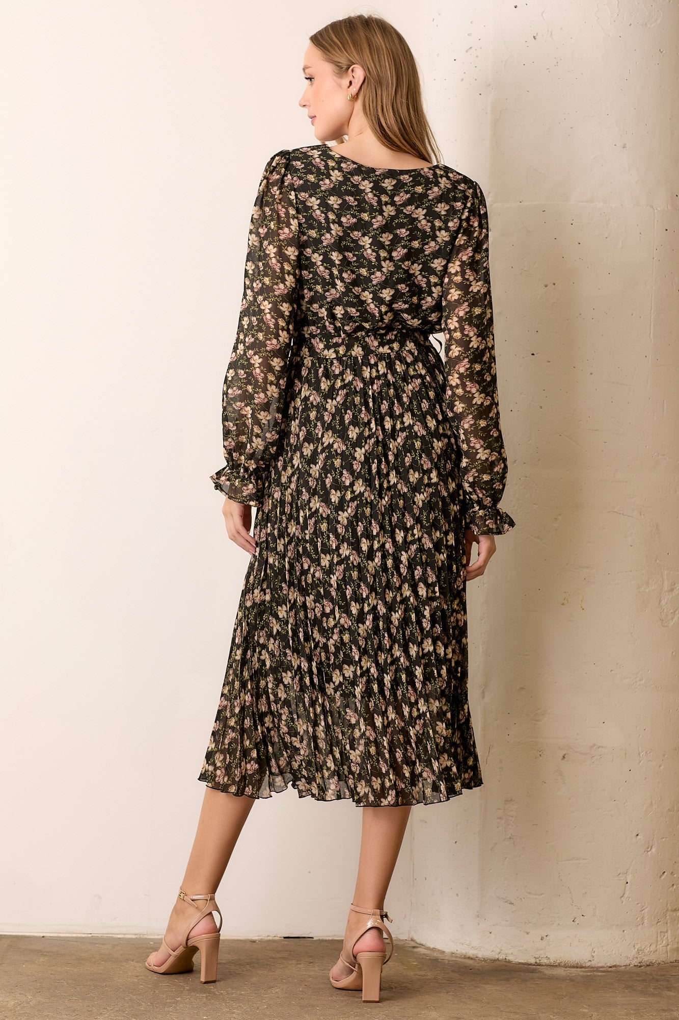 Black Floral Chiffon Long Sleeve Pleated Midi Dress