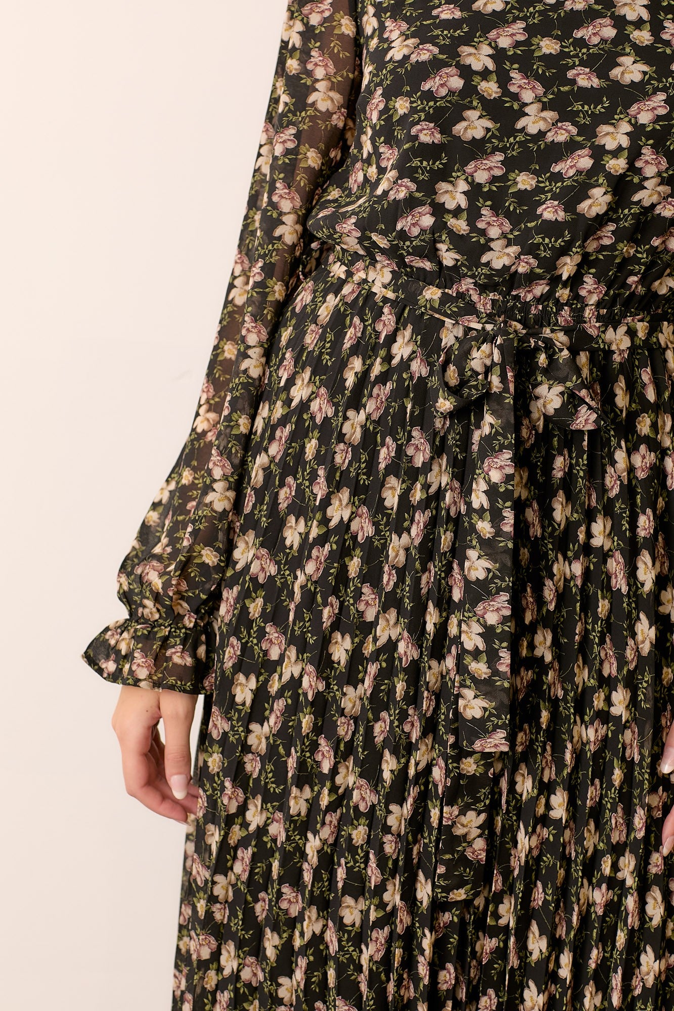 Black Floral Chiffon Long Sleeve Pleated Midi Dress