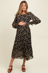 Black Floral Chiffon Long Sleeve Pleated Maternity Midi Dress