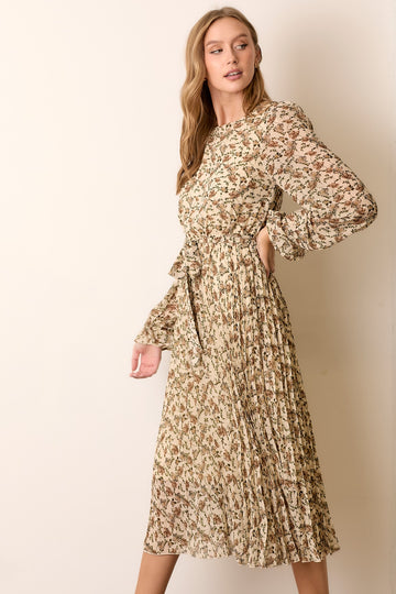 Cream Floral Chiffon Long Sleeve Pleated Midi Dress
