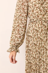 Cream Floral Chiffon Long Sleeve Pleated Midi Dress