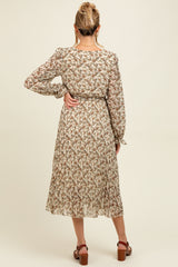 Cream Floral Chiffon Long Sleeve Pleated Maternity Midi Dress