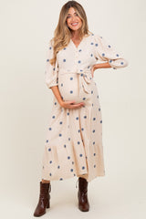 Cream Floral Cotton Gauze Tiered Maternity Midi Dress