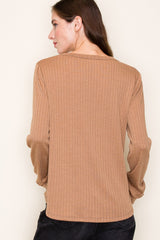 Camel Pointelle Knit Long Sleeve Top