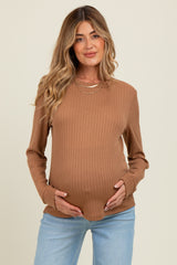 Camel Pointelle Knit Maternity Long Sleeve Top