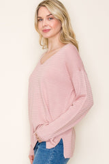 Light Pink Striped Knit Long Sleeve Top