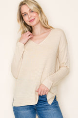 Cream Striped Knit Long Sleeve Top