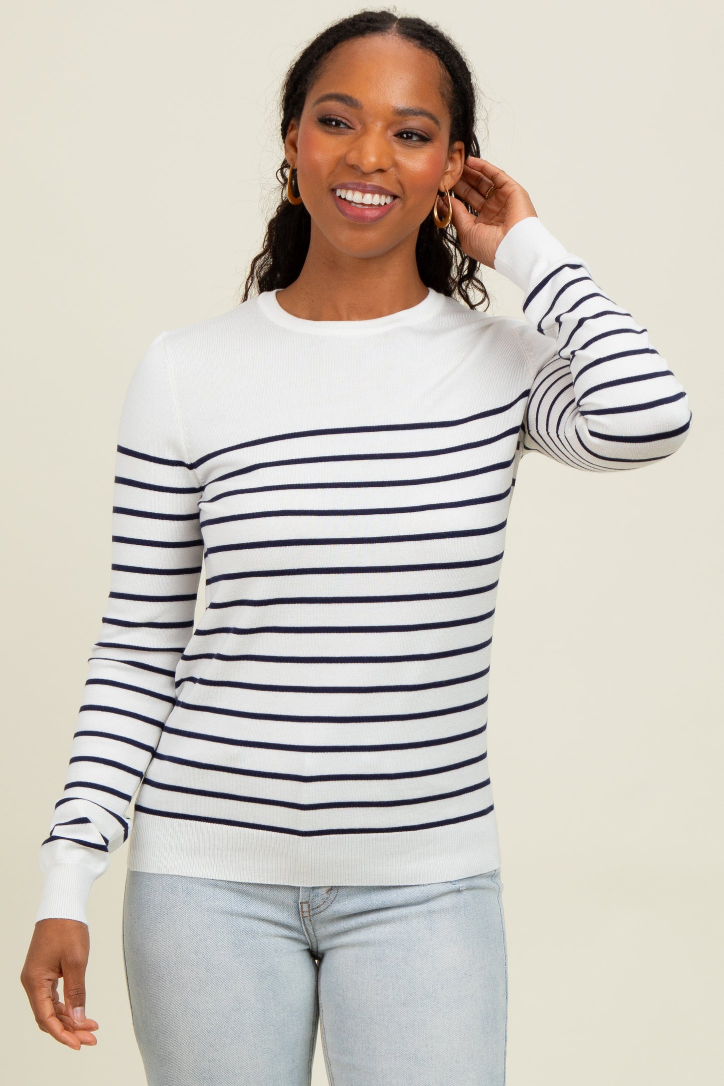 Navy Striped Knit Long Sleeve Top