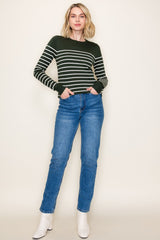 Forest Green Striped Knit Long Sleeve Top