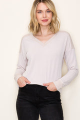 Cream V-Neck Knit Long Sleeve Top