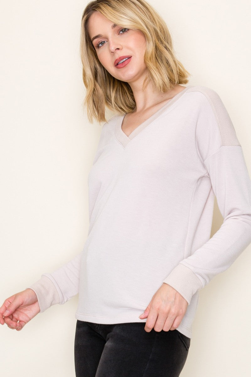 Cream V-Neck Knit Long Sleeve Top