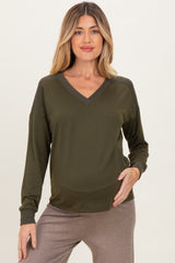Olive V-Neck Knit Maternity Long Sleeve Top