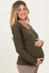 Olive V-Neck Knit Maternity Long Sleeve Top