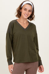 Olive V-Neck Knit Long Sleeve Top