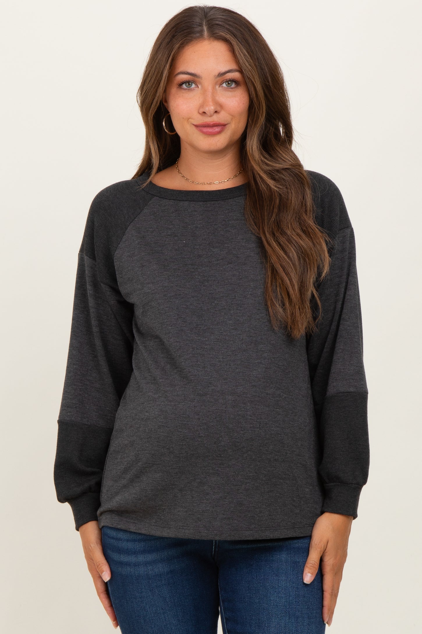 Charcoal Ribbed Bubble Sleeve Maternity Top