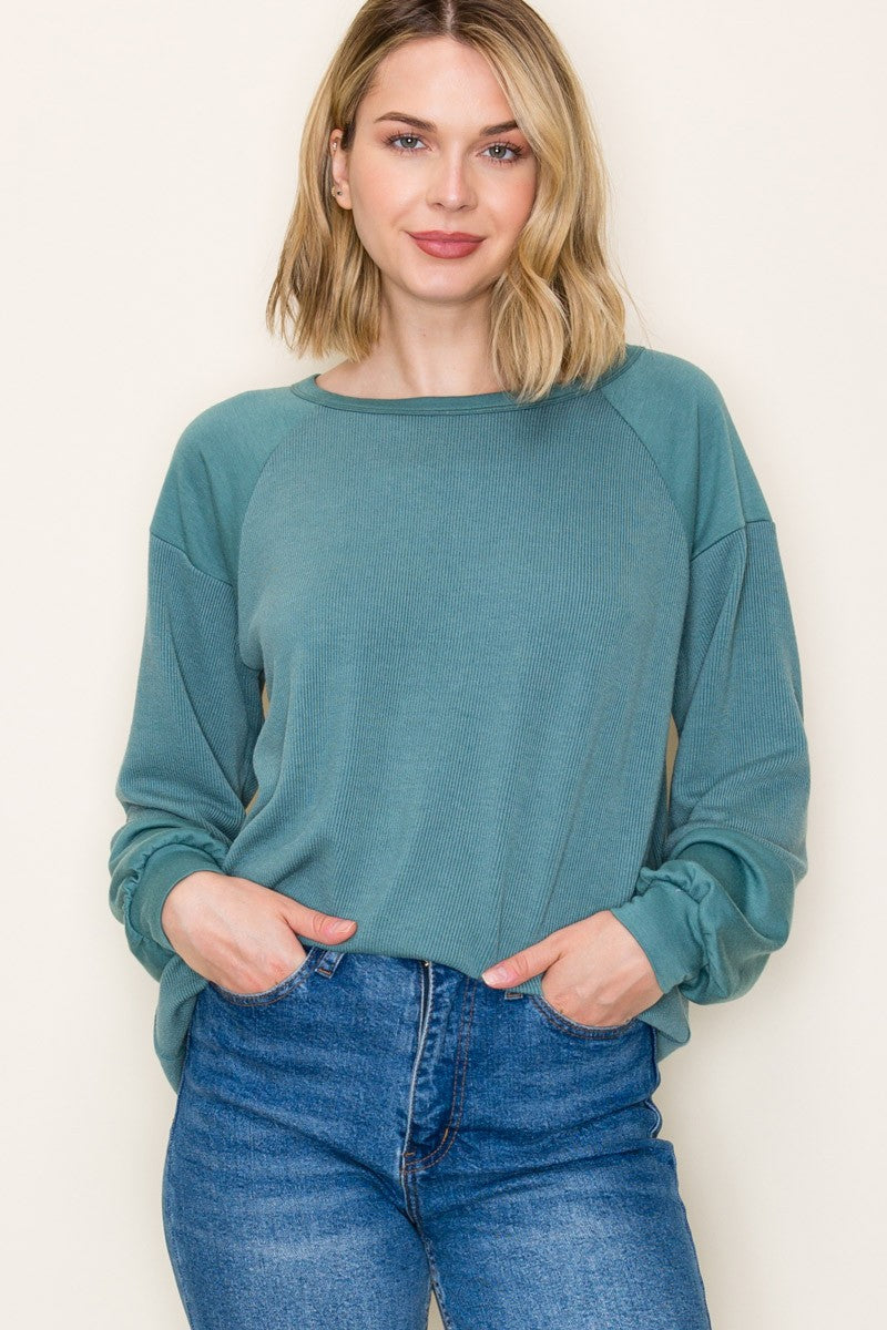 Teal Ribbed Bubble Sleeve Top