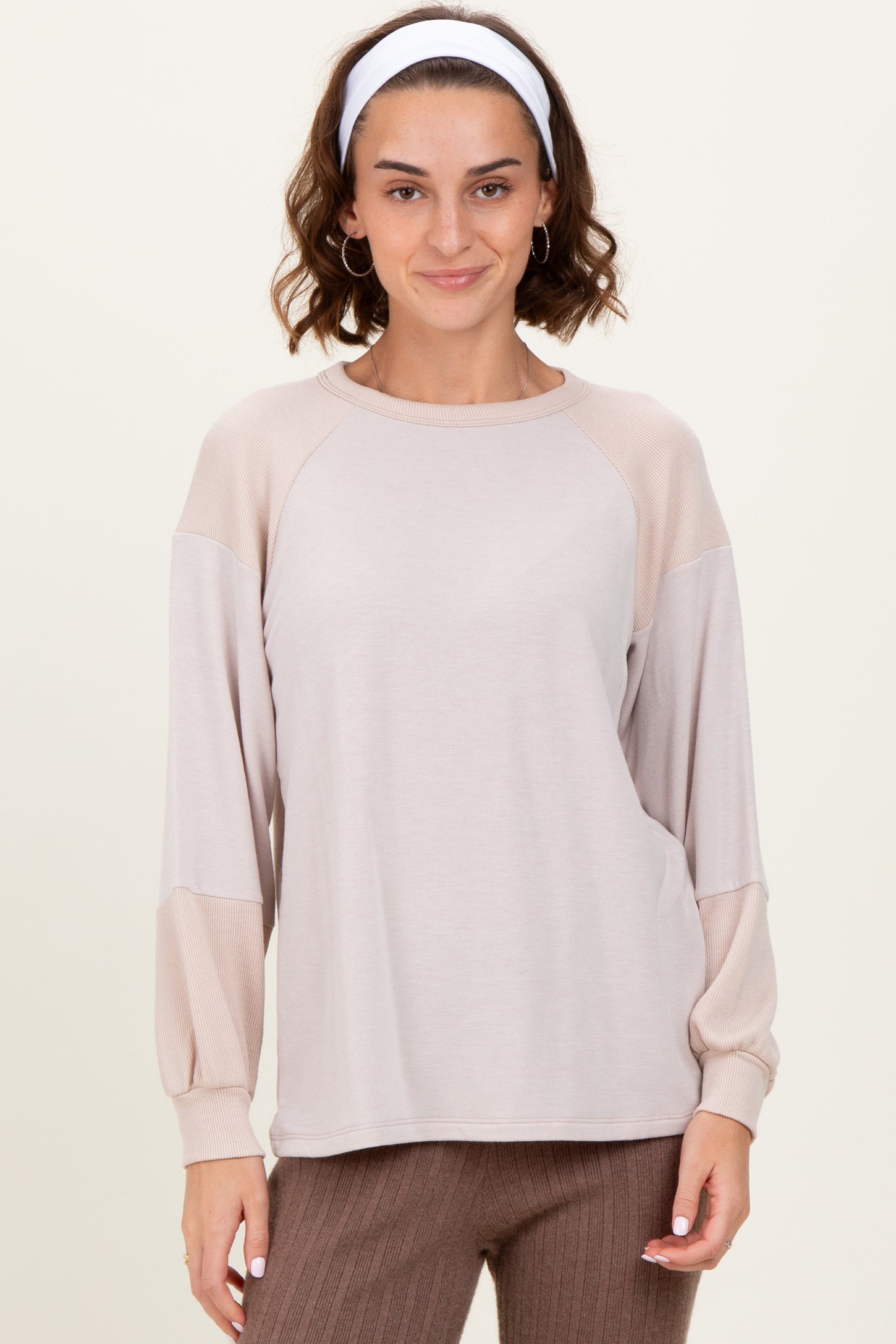 Cream Ribbed Bubble Sleeve Top