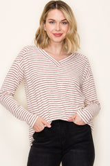Burgundy Striped V-Neck Long Sleeve Top