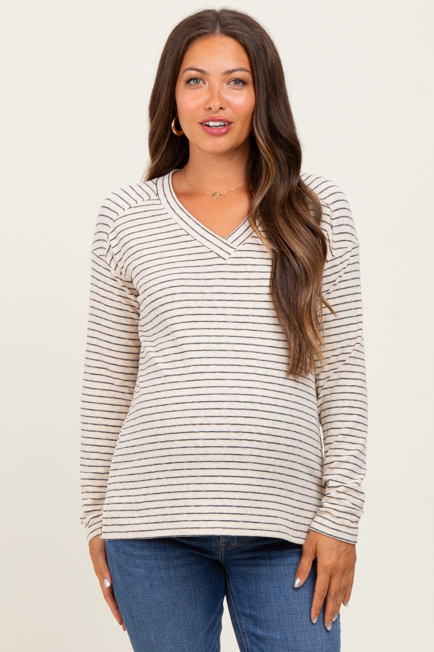 Charcoal Striped V-Neck Maternity Long Sleeve Top