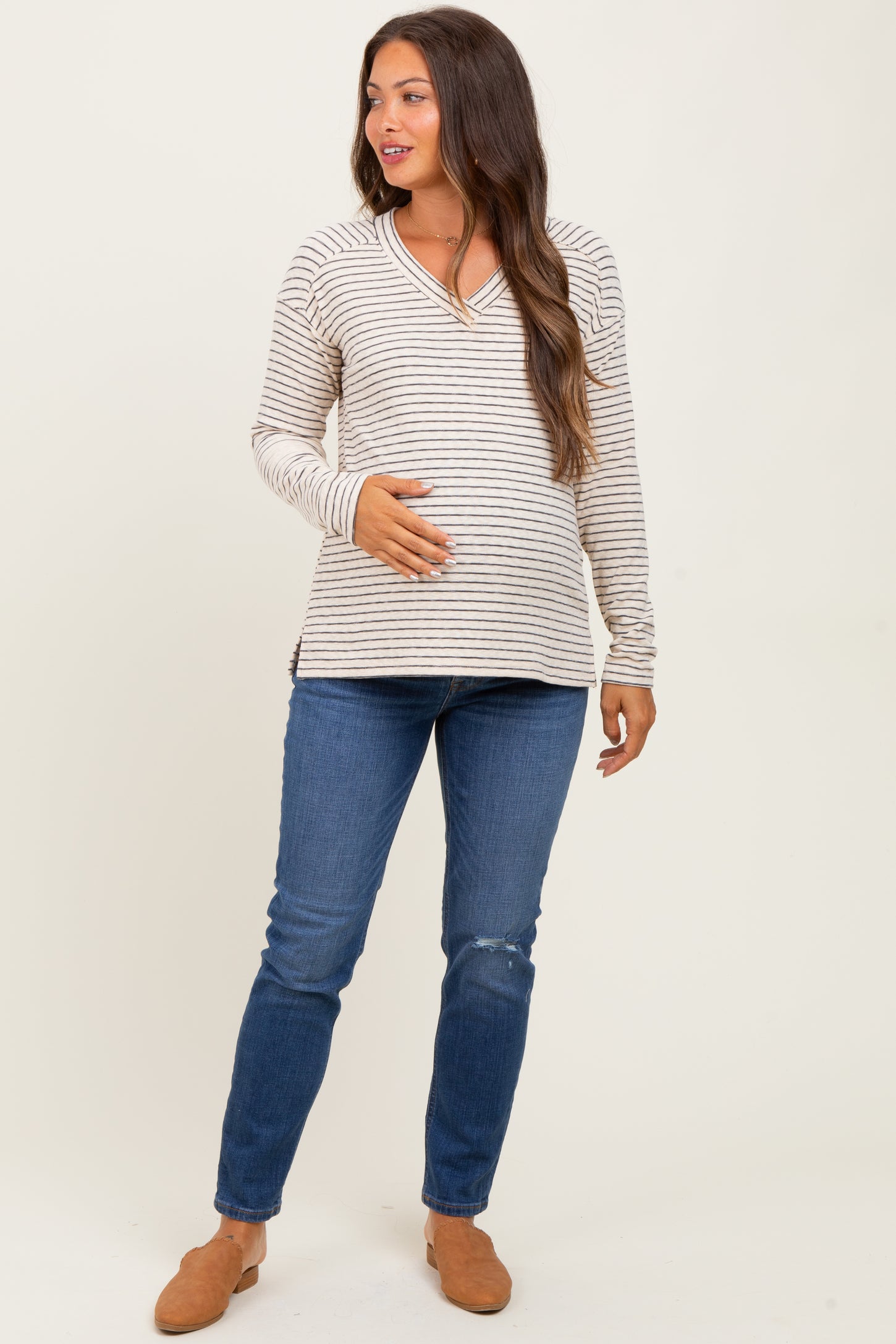 Charcoal Striped V-Neck Maternity Long Sleeve Top