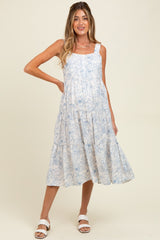 Blue Floral Tiered Sleeveless Maternity Midi Dress