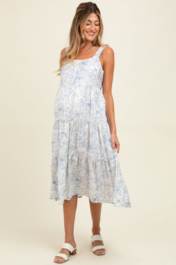 Blue Floral Tiered Sleeveless Maternity Midi Dress